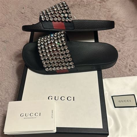 fake gucci rhinestone slides|gucci shoes stitching.